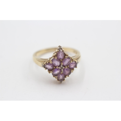 109 - 9ct Gold Diamond & Amethyst Cluster Ring (2.9g) Size  P