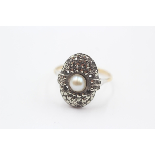 116 - 9ct Gold & Silver Vintage Pearl And Marcasite Statement Ring (3.9g) Size  O