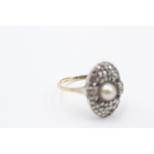 116 - 9ct Gold & Silver Vintage Pearl And Marcasite Statement Ring (3.9g) Size  O