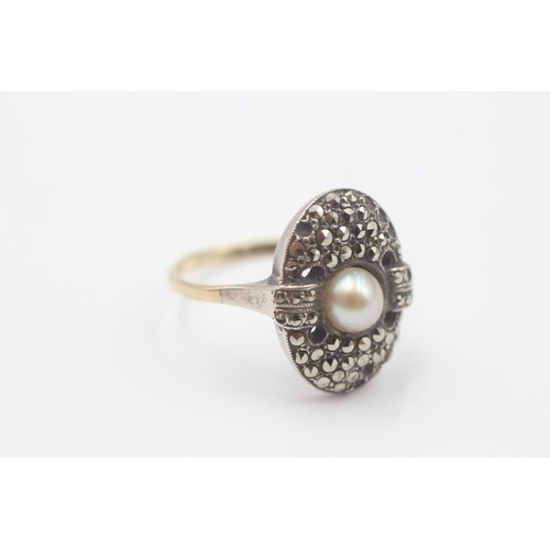 116 - 9ct Gold & Silver Vintage Pearl And Marcasite Statement Ring (3.9g) Size  O