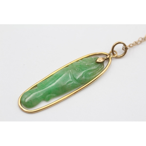 135 - 14ct Gold Carved Jade Fish Pendant On 9ct Chain (3.8g)