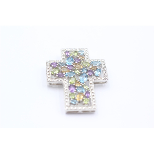 138 - 9ct White Gold Topaz, Amethyst, Citrine & Peridot Cross Pendant (10.7g)