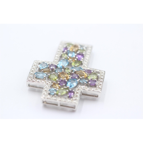 138 - 9ct White Gold Topaz, Amethyst, Citrine & Peridot Cross Pendant (10.7g)