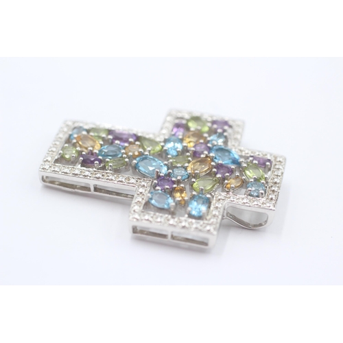 138 - 9ct White Gold Topaz, Amethyst, Citrine & Peridot Cross Pendant (10.7g)