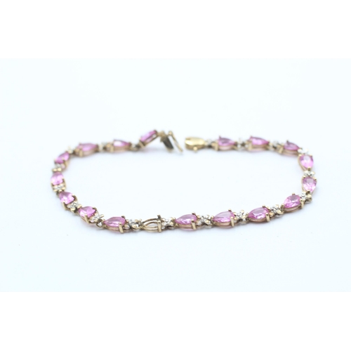 19 - 9ct Gold Synthetic Pink Sapphire & Diamond Link Bracelet (6.3g)