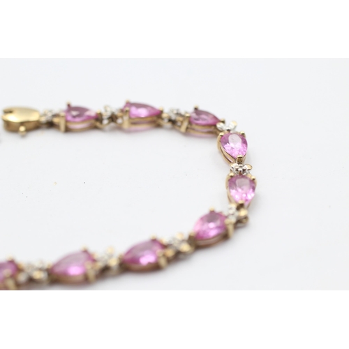 19 - 9ct Gold Synthetic Pink Sapphire & Diamond Link Bracelet (6.3g)