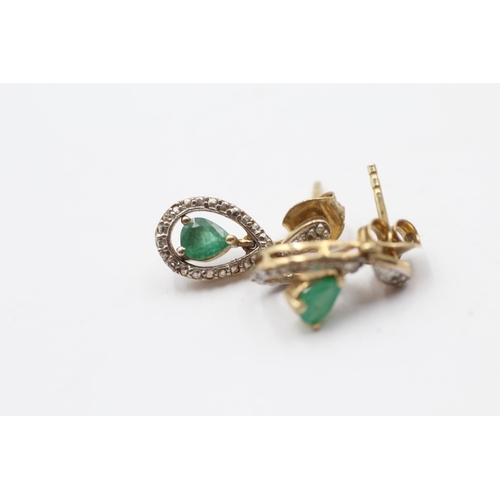33 - 9ct Gold Diamond & Emerald Drop Earrings (2g)