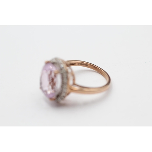 45 - 9ct Gold Kunzite Single Stone Ring With Diamond Surround (3.8g) Size  M