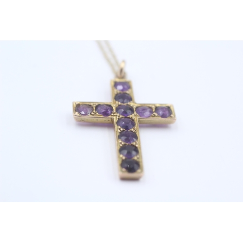 8 - 9ct Gold Amethyst Set Cross Pendant Necklace (4g) Size  O