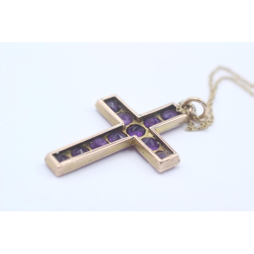 8 - 9ct Gold Amethyst Set Cross Pendant Necklace (4g) Size  O
