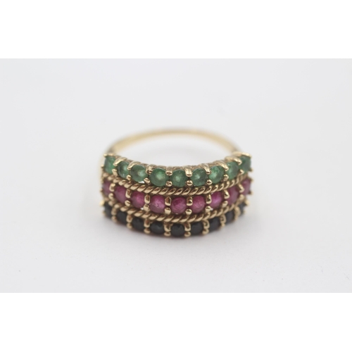 82 - 9ct Gold Emerald, Ruby & Sapphire Three Row Ring (3g) Size  Q