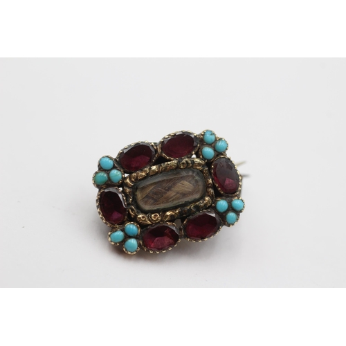 93 - 9ct Gold Antique Garnet & Turquoise Mourning Brooch With Hairwork Panel (5g)