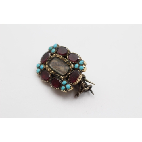 93 - 9ct Gold Antique Garnet & Turquoise Mourning Brooch With Hairwork Panel (5g)