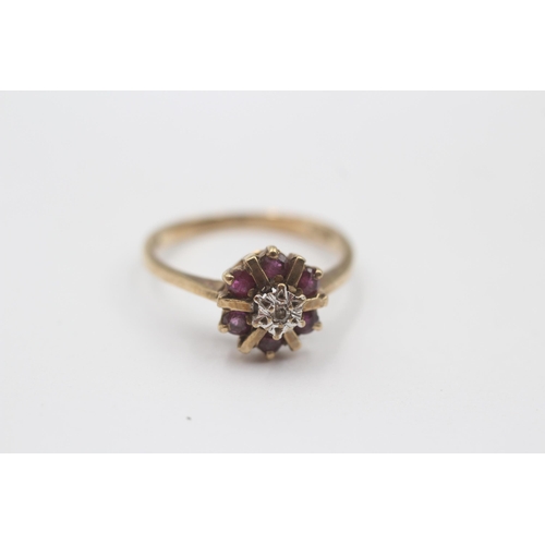 97 - 9ct Gold Diamond & Ruby Floral Cluster Ring (2.2g) Size  M