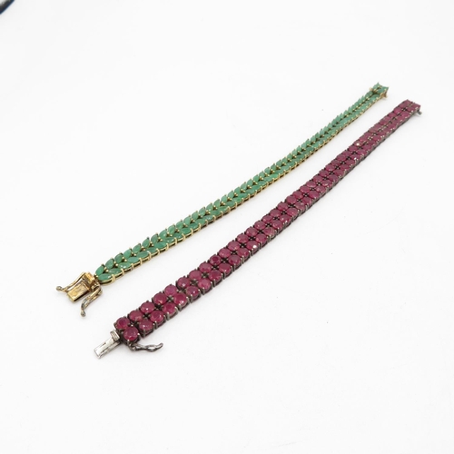 185 - Two Silver Ruby And Emerald Set Tennis Bracelets (45g)