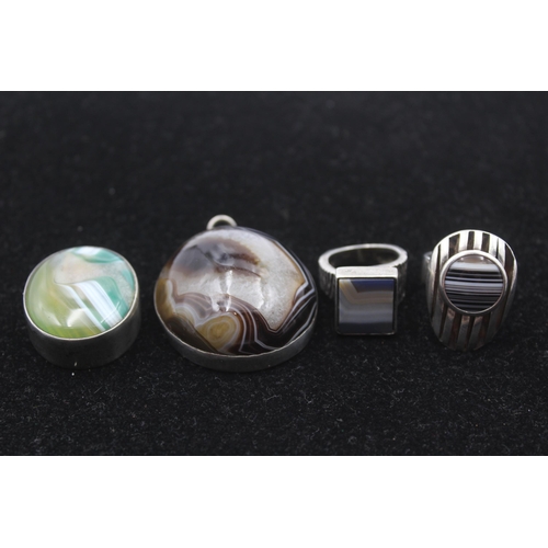 178 - Two Mid Century Modernist Silver Gemstone Set Rings And Two Pendants (88g)