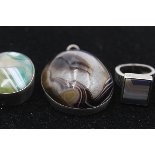 178 - Two Mid Century Modernist Silver Gemstone Set Rings And Two Pendants (88g)