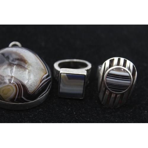 178 - Two Mid Century Modernist Silver Gemstone Set Rings And Two Pendants (88g)