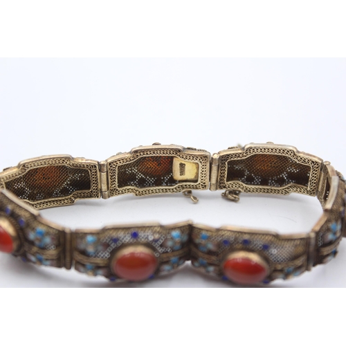 179 - A Silver Chinese Export Carnelian And Enamel Panel Bracelet (27g)