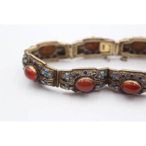 179 - A Silver Chinese Export Carnelian And Enamel Panel Bracelet (27g)