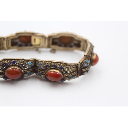 179 - A Silver Chinese Export Carnelian And Enamel Panel Bracelet (27g)