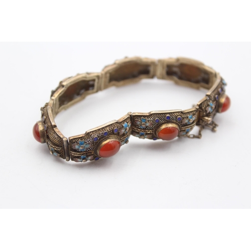 179 - A Silver Chinese Export Carnelian And Enamel Panel Bracelet (27g)