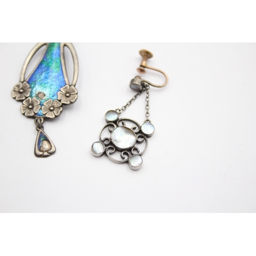 180 - A Silver Arts And Crafts Enamel Pendant By Charles Horner And A Pair Of Arts And Crafts Blister Pear... 