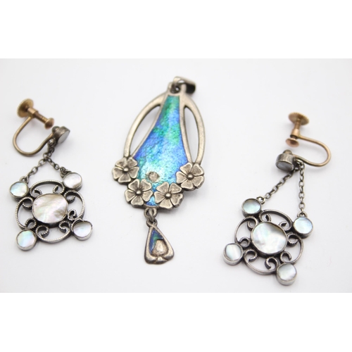 180 - A Silver Arts And Crafts Enamel Pendant By Charles Horner And A Pair Of Arts And Crafts Blister Pear... 