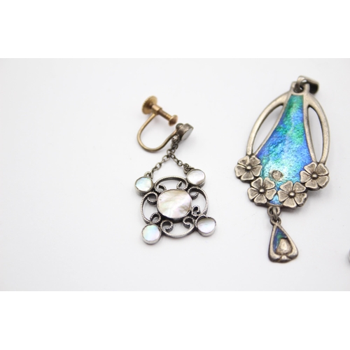 180 - A Silver Arts And Crafts Enamel Pendant By Charles Horner And A Pair Of Arts And Crafts Blister Pear... 