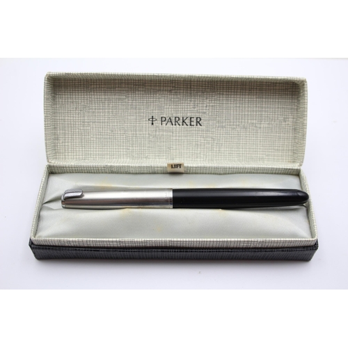 322 - Vintage PARKER 51 Black FOUNTAIN PEN w/ Brushed Steel Cap WRITING Boxed