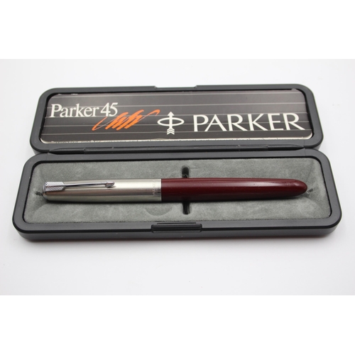 325 - Vintage PARKER 51 Burgundy FOUNTAIN PEN w/ Brushed Steel Cap WRITING Boxed