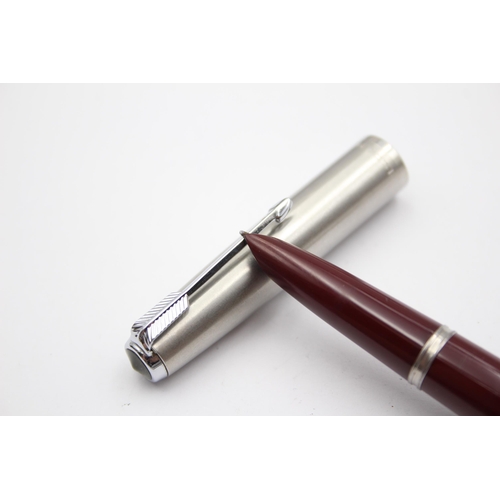 325 - Vintage PARKER 51 Burgundy FOUNTAIN PEN w/ Brushed Steel Cap WRITING Boxed