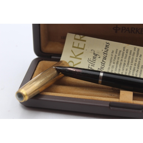 332 - Vintage PARKER 51 Black Fountain Pen w/ Rolled Gold Cap WRITING Boxed