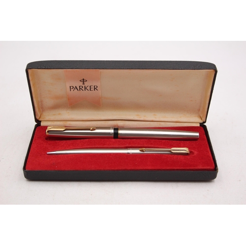 334 - Vintage PARKER 61 Brushed Steel Fountain Pen w/ Matching Pencil, Original Box