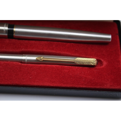 334 - Vintage PARKER 61 Brushed Steel Fountain Pen w/ Matching Pencil, Original Box