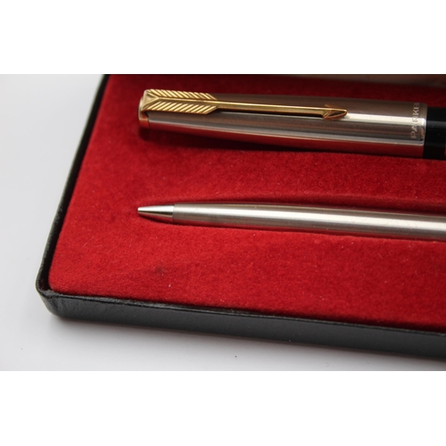 334 - Vintage PARKER 61 Brushed Steel Fountain Pen w/ Matching Pencil, Original Box