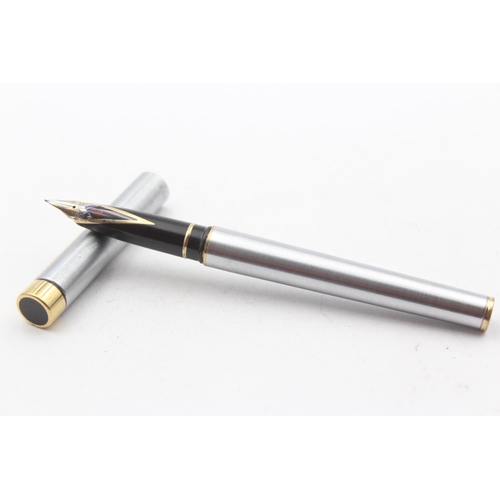 344 - Vintage SHEAFFER Targa Brushed Steel Fountain Pen w/ 14ct Gold Nib WRITING