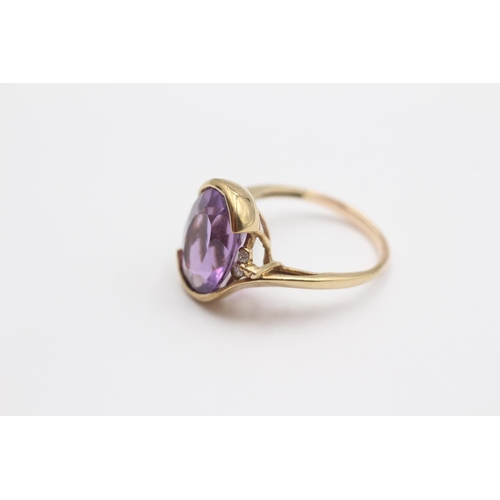 101 - 9ct Gold Amethyst Single Stone Ring With Diamond Accents (3.8g) Size  M 1/2