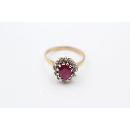 128 - 9ct Gold Diamond & Ruby Oval Cluster Ring (2.5g) Size  M