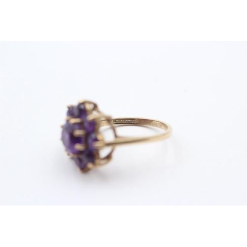 129 - 9ct Gold Amethyst Floral Cluster Ring (4.2g) Size  M 1/2