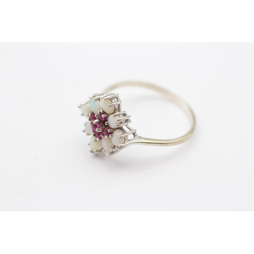 162 - 9ct White Gold White Opal & Ruby Cluster Ring (2.5g) Size  S 1/2