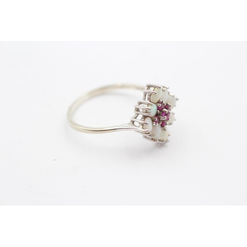 162 - 9ct White Gold White Opal & Ruby Cluster Ring (2.5g) Size  S 1/2