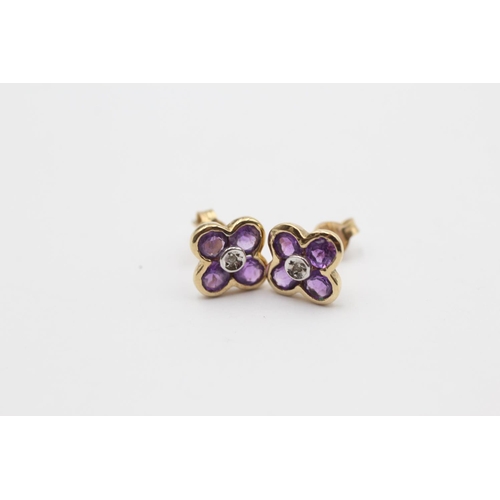 169 - 2 X 9ct Gold Amethyst And Diamond Set Matching Pendant And Earring Set (2.2g)