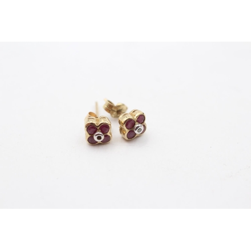 26 - 2 X 9ct Gold Ruby, Diamond And Opal Set Stud Earrings (2.2g)