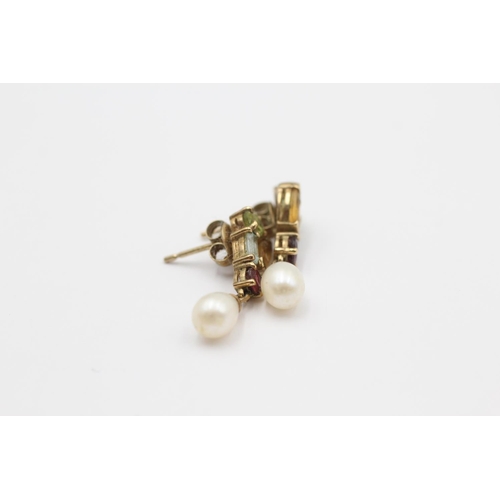 32 - 9ct Gold Topaz, Citrine, Peridot, Garnet And Cultured Pearl Cluster Drop Earrings (2.4g)