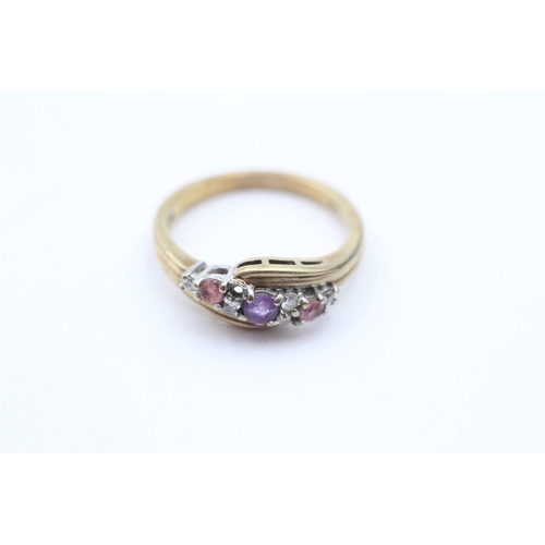 54 - 9ct Gold Diamond, Amethyst & Pink Tourmaline Dress Ring - As Seen (3.3g) Size  O 1/2