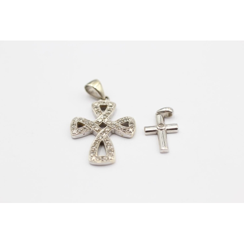 62 - 2 X 9ct White Gold Diamond Set Christian Cross Pendants (3.5g)