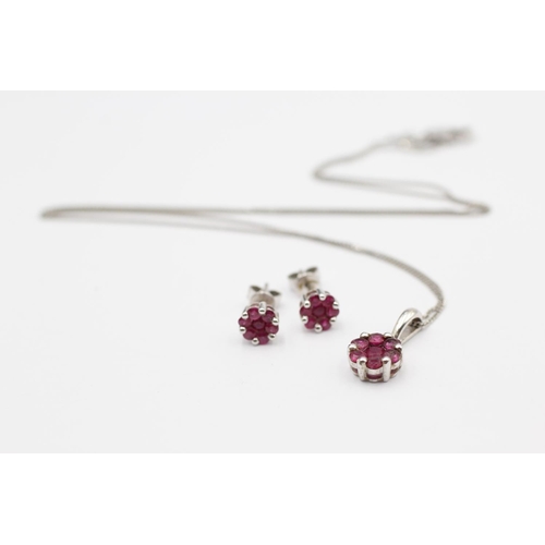 63 - 9ct White Gold Synthetic Ruby Cluster Set Matching Earring And Pendant Necklace Set (3.4g)