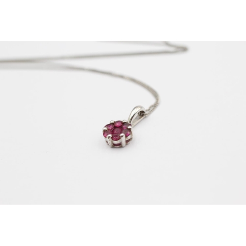 63 - 9ct White Gold Synthetic Ruby Cluster Set Matching Earring And Pendant Necklace Set (3.4g)