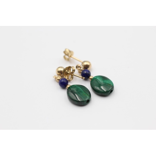 64 - 3 X 9ct Gold Malachite, Lapis. Amethyst And Peridot Set Drop Earrings (4.3g)